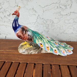 Vintage 1955 Hand-Painted Italian Ceramic Peacock Figurine Colorful Mid-Century